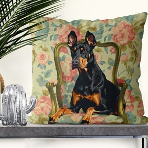 Doberman Pinscher Dog Pillow Cover - Handmade Cotton Linen Mix Cushion Cover with Cute dog on chair