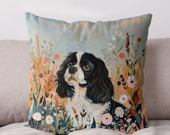 Black and White Cavalier King Charles Spaniel Dog Pillow Cover - Handmade Cotton Linen Mix Cushion Cover - Print both sides