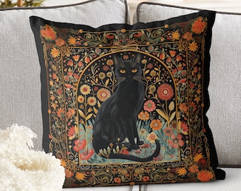 Short haired Black Cat Cat pillow cover, handmade cushion cover, print on both sides, Floral Folk Art Style