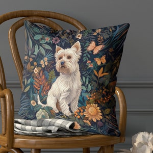 West Highland Terrier Pillow Cover - Handmade Cushion Cover - Print both sides - Cute Westie Dog, William Morris style florals