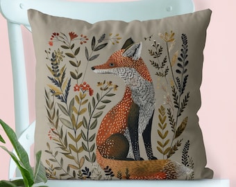 Scandinavian Folk Art Style Fox Print Pillow Cover, Print both sides handmade cushion cover, nordic woodland animal Scandi decor fox design