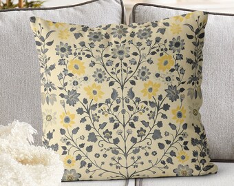 Grey and Yellow Floral Pillow Cover, Scandic Nordic Botanical Design