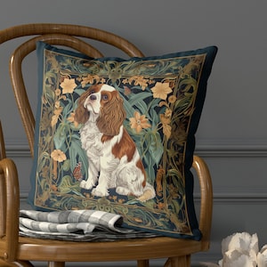 Brown and White Cavalier King Charles Spaniel Dog Pillow Cover - Handmade Cotton Linen Mix Cushion Cover - William Morris Art Deco style