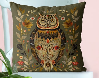 Olive Green Scandic Owl Pillow Cover, Print both sides handmade cushion cover, Scandinavian woodland animal, Scandi Folk Art Nordic decor