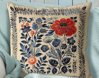 Blue Red Cream Scandic Floral Pillow Cover, Print both sides handmade cushion cover, nordic botanical decor Scandinavian country home