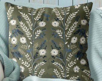 Dark Olive Green Scandic Floral Pillow Cover, Print both sides handmade cushion cover, nordic flower decor Scandinavian country cottage