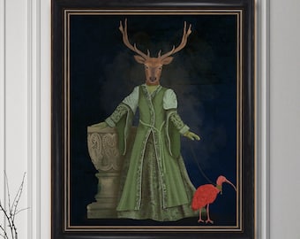 May include: Framed artwork featuring a deer-human hybrid figure in a green gown, standing next to a decorative pillar. The figure holds a leash attached to a bright red bird. The background is a dark blue, and the frame is black.