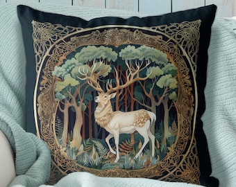 White Deer Pillow Cover, William Morris inspired Stag handmade cushion cover, Print both sides, Art Nouveau woodland forest accent throw