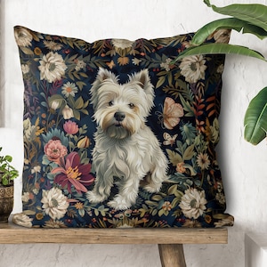 West Highland Terrier Pillow Cover - Handmade Cushion Cover - Print both sides - Cute Westie Dog, William Morris style florals