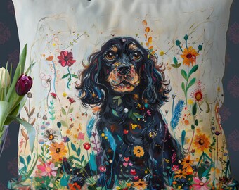 Black Cocker Spaniel Pillow Cover – Handmade Cotton Linen Cushion