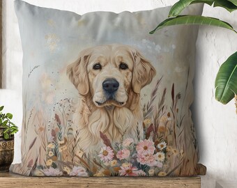 May include: A throw pillow with a painting of a golden retriever dog in a field of wildflowers. The dog is looking directly at the viewer with a soft expression. The background is a light blue with a watercolor effect.