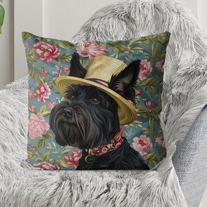 Scottish Terrier Pillow Cover - Handmade Cotton Linen Mix Cushion Cover - Print both sides - Cute Scottie Dog in hat