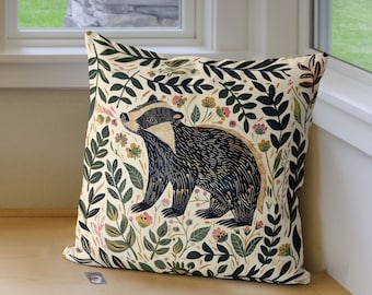 Scandi Folk Art Style Badger Print Pillow Cover, Print both sides handmade cushion cover, woodland animal decor Scandinavian decor