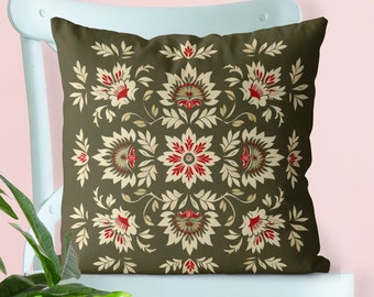 Olive Green Scandic Floral Pillow Cover, Print both sides handmade cushion cover, nordic botanical decor Scandinavian country home