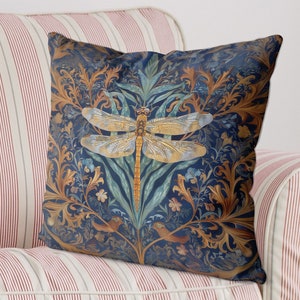 Libellen Illustration Kissenbezug 45x45 cm, handgemachter Kissenbezug aus Baumwolle/Leinen, William Morris inspirierter Kissenbezug