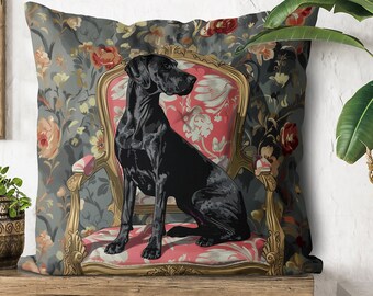 Black Great Dane Pillow Cover - Handmade Cotton Linen Mix Cushion Cover - Print both sides - Cute Great Dane dog on an armchair