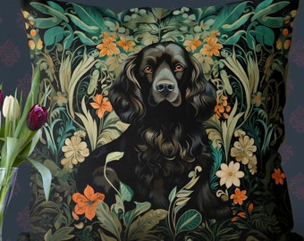 Black Cocker Spaniel Pillow Cover – Handmade Cotton Linen Floral Cushion
