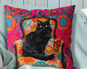 Longhaired Black Persian Cat pillow cover, cat on armchair, handmade cotton/linen cushion cover, print on both sides, black fluffy cat gift