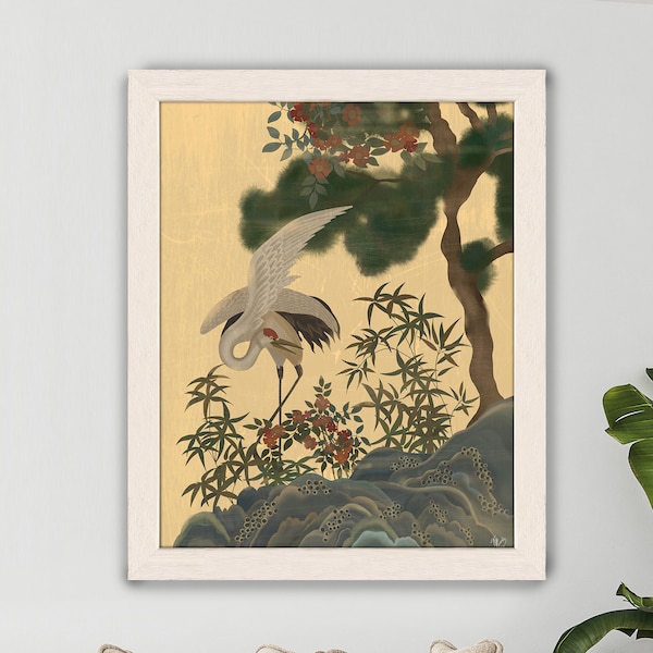 Oriental bird print - Crane Garden 3 - Chinoiserie print, Framed print, Chinoiserie decor, Asian wall art, Large canvas art, Crane art