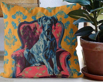 Black Great Dane Pillow Cover - Handmade Cotton Linen Mix Cushion Cover - Print both sides - Cute Blue Great Dane dog on an armchair