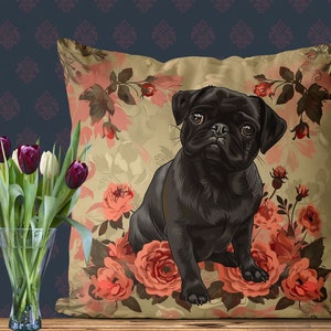 Black Pug Dog Pillow Cover - Print both sides - Cute Pug gift idea for owner, vintage style romantic french country home decor