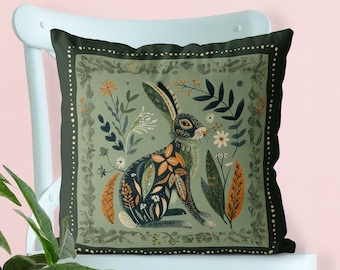 Nordic Style Hare Print Pillow Cover, Print both sides handmade cushion cover, Scandi Folk Art woodland animal, Scandinavian rabbit on green