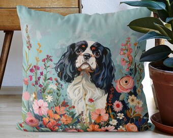 Black and White Cavalier King Charles Spaniel Dog Pillow Cover - Handmade Cotton Linen Mix Cushion Cover - Print both sides
