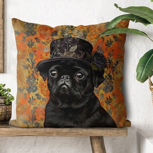 Black Pug Dog Pillow Cover - Print both sides - Cute Pug gift idea for owner, funny pug in hat