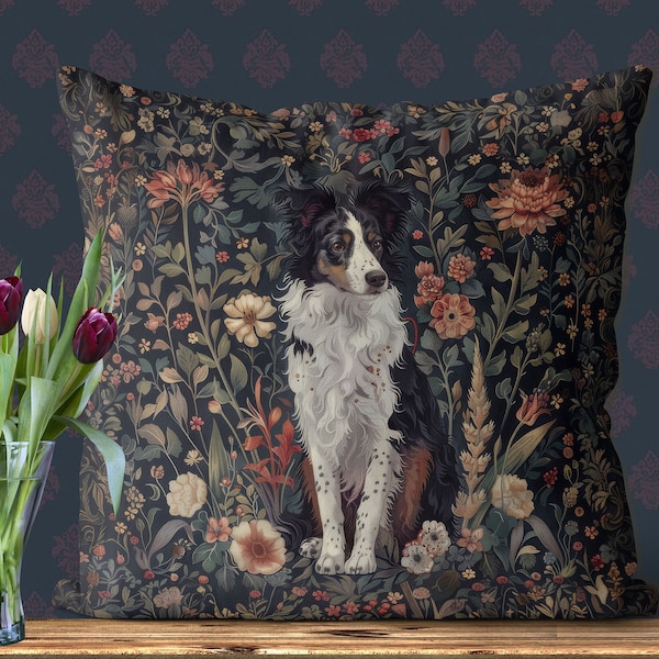 Tri colour Border Collie Pillow Cover, Cute dog gift, William Morris style print, 18x18 or 24x24 in handmade cotton/linen cushion cover