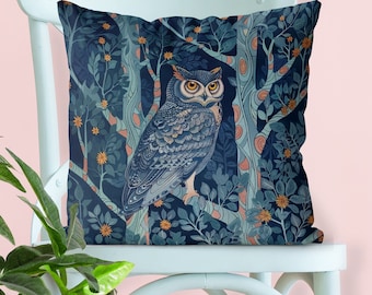 Owl Pillow Cover, beautiful owl illustration in blue floral design, handmade cushion cover, Print both sides, woodland forest throw