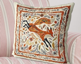 Leaping Fox Scandic Folk Art Style Pillow Cover, Print both sides handmade cushion cover, Scandinavian woodland animal, nordic decor