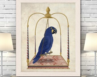 Blue parrot art, Parrot print, Blue bird print, Tropical bird art, Tropical decor, Framed print, Large canvas art, Blue parrot on swing
