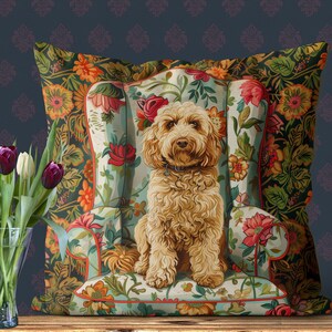 May include: A decorative throw pillow with a floral pattern featuring a dog sitting in a chair. The pillow is made of a soft, plush fabric and is perfect for adding a touch of whimsy to any room.