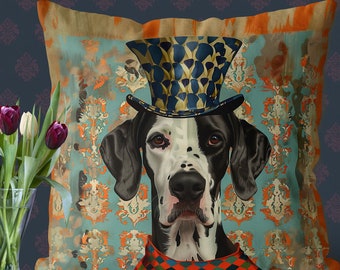 Black White Great Dane Pillow Cover - Handmade Cotton Linen Mix Cushion Cover - Print both sides - Funny Cute Great Dane dog with a hat
