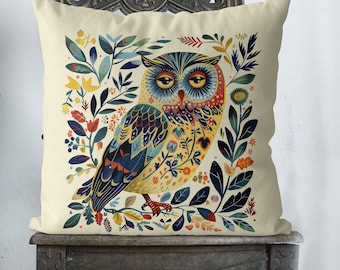Simpatica fodera per cuscino gufo in stile nordico, stampa Scandi Owl su entrambi i lati fodera per cuscino fatta a mano, animale scandinavo del bosco Folk Art Scandic decor