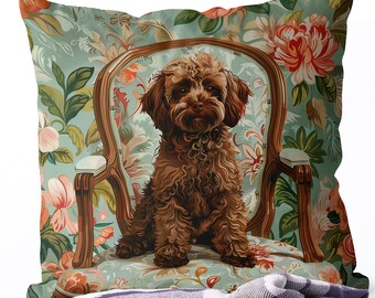 Brauner Cavapoo Kissenbezug, Moderner Druck Hund auf Sessel, 50x50cm, handgemachter Kissenbezug aus Leinen