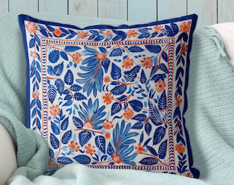 Blue white orange Scandic Woodland Pillow Cover, Print both sides handmade cushion cover, nordic botanical decor Scandinavian country home