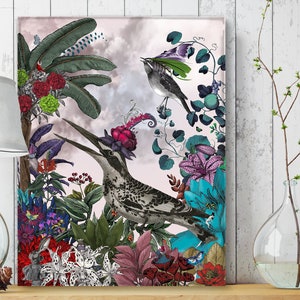Floral canvas print, Bird painting, Tropical wall art framed, Botanical picture, Colourful art print, Contemporary art, Glorious plumes 11