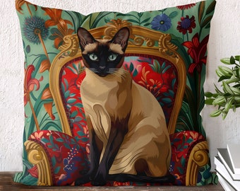Siamese Cat pillow cover, cat on armchair, handmade cotton/linen cushion cover, print on both sides, Siamese cat gift