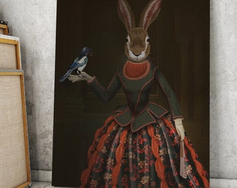 Limited Edition Rabbit print - Portia Honeysuckle & Magpie - Anthropomorphic, Hare painting, Large canvas print, Wall art, Renaissance art