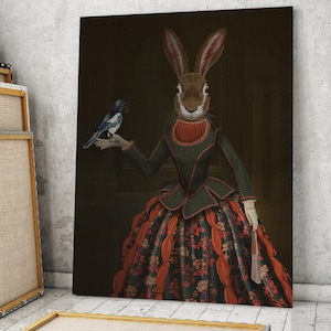 Limited Edition Rabbit print - Portia Honeysuckle & Magpie - Anthropomorphic, Hare painting, Large canvas print, Wall art, Renaissance art