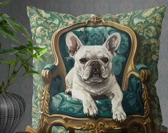 Modern White French Bulldog Pillow Cover - Handmade Cotton Linen Mix Cushion Cover with Cute Frenchie on posh armchair