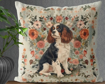 Cavalier King Charles Spaniel Dog Pillow Cover - Handmade Cushion Cover - Print both sides, Vintage Romantic French Country Cottage