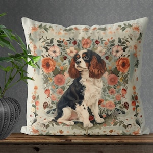 Cavalier King Charles Spaniel Dog Pillow Cover - Handmade Cushion Cover - Print both sides, Vintage Romantic French Country Cottage