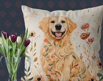 May include: A white throw pillow with a golden retriever dog illustration. The dog is surrounded by floral designs in shades of brown, orange, and green. The pillow is perfect for adding a touch of nature to any room.