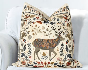 Nordic style Deer Pillow Cover, Scandi Stag print both sides handmade cushion cover, Scandinavian woodland animal Folk Art Scandic decor