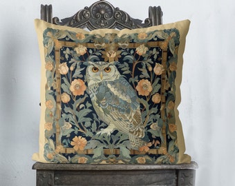 Owl Pillow Cover, beautiful owl illustration on William Morris style florals, handmade cushion cover Print both sides, woodland forest throw