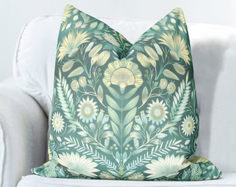 Mint Green Scandic Woodland Floral Pillow Cover, Print both sides handmade cushion cover, nordic botanical decor Scandinavian country home