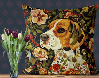 Colourful Beagle Pillow Cover, Cute gift for dog lover, 18x18 or 24x24 inch, floral background  style handmade cotton/linen cushion cover