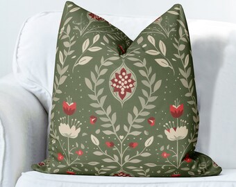 Olive Green Scandic Floral Woodland Pillow Cover, Print both sides handmade cushion cover, nordic botanical decor Scandinavian country home